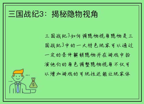 三国战纪3：揭秘隐物视角