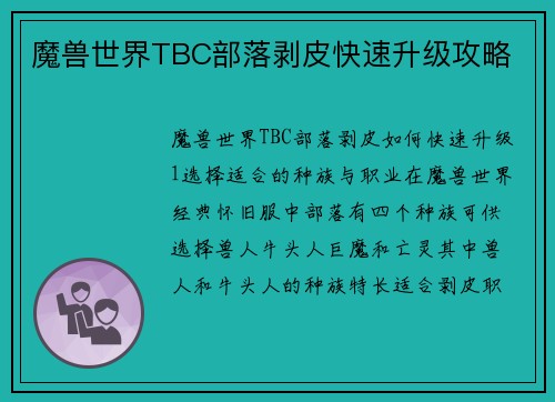 魔兽世界TBC部落剥皮快速升级攻略